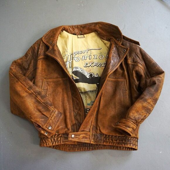 Vintage Members Only Brown Leather Bomber Jacket Sz 40 M Great Horizon Express - Picture 1 of 10